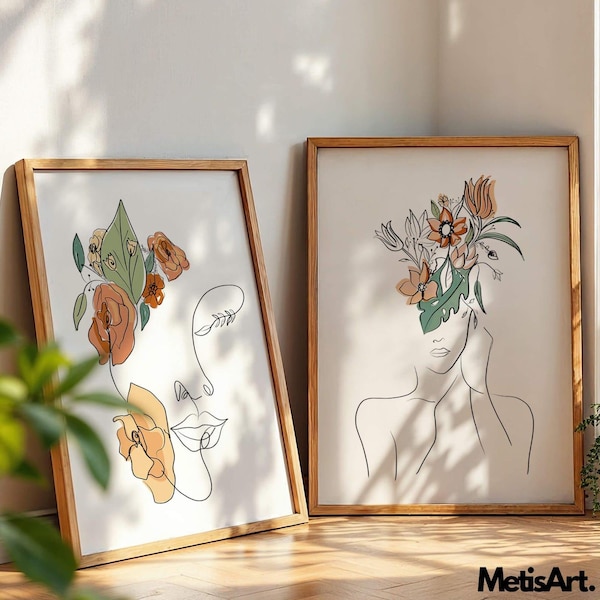Woman Line Art Print Set of 2 - Minimalist Female Face Wall Decor