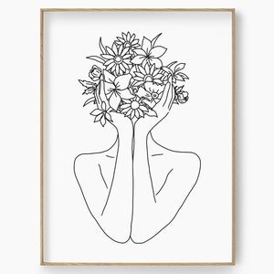 Woman Head Flower Line Art Print, Head Of Flowers Female Wall Art, Flower Head Woman Poster, Abstract Woman Line Art, Minimalist Woman Art
