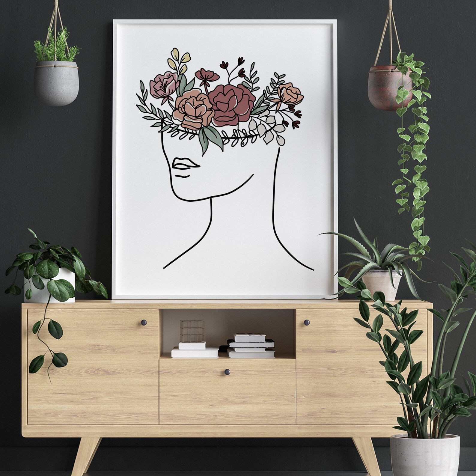 Linie Kunst Frau mit Blumen Kopf der Blumen Linie Kunstdruck | Etsy