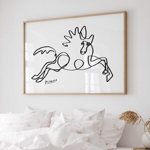 Contemporary animal figure print featuring an energetic horse drawn in one continuous line, evoking movement and style.