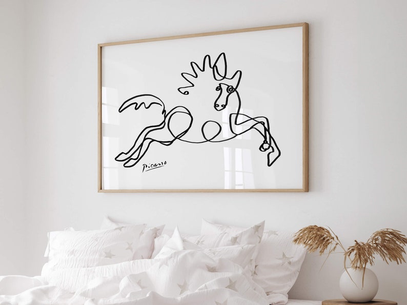 Contemporary animal figure print featuring an energetic horse drawn in one continuous line, evoking movement and style.
