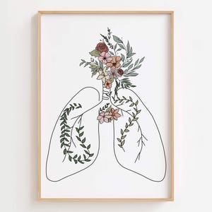 Puede incluir: Una impresi&oacute;n art&iacute;stica enmarcada que presenta un dibujo lineal de pulmones con elementos florales y bot&aacute;nicos. La obra de arte incluye un ramo de flores y hojas en la parte superior, con enredaderas y flores dentro de las formas de los pulmones. La paleta de colores incluye tonos de verde, rosa y marr&oacute;n.
