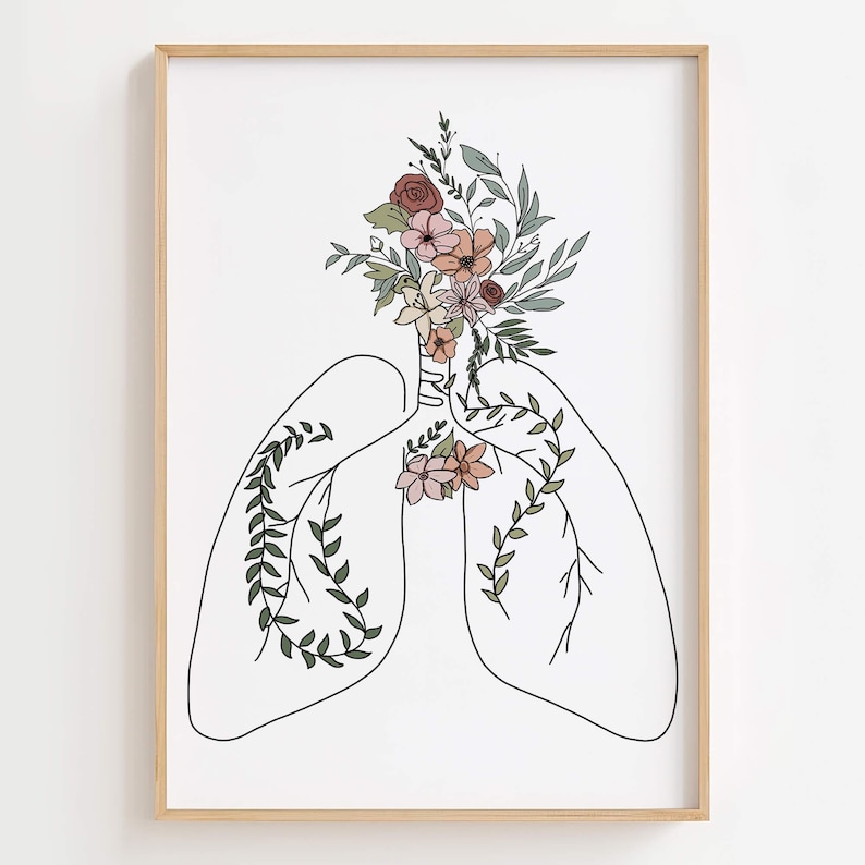 Puede incluir: Una impresi&oacute;n art&iacute;stica enmarcada que presenta un dibujo lineal de pulmones con elementos florales y bot&aacute;nicos. La obra de arte incluye un ramo de flores y hojas en la parte superior, con enredaderas y flores dentro de las formas de los pulmones. La paleta de colores incluye tonos de verde, rosa y marr&oacute;n.
