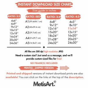 Puede incluir: Una tabla de tallas blanca con texto en negro y rojo, que enumera los tama&ntilde;os de impresi&oacute;n en pulgadas y cent&iacute;metros. La tabla incluye proporciones como 2:3, ISO, 3:4 y 4:5, con tama&ntilde;os que van desde 10x13 cm hasta 61x91 cm. Tambi&eacute;n menciona archivos JPEG de alta resoluci&oacute;n y tama&ntilde;os personalizados.