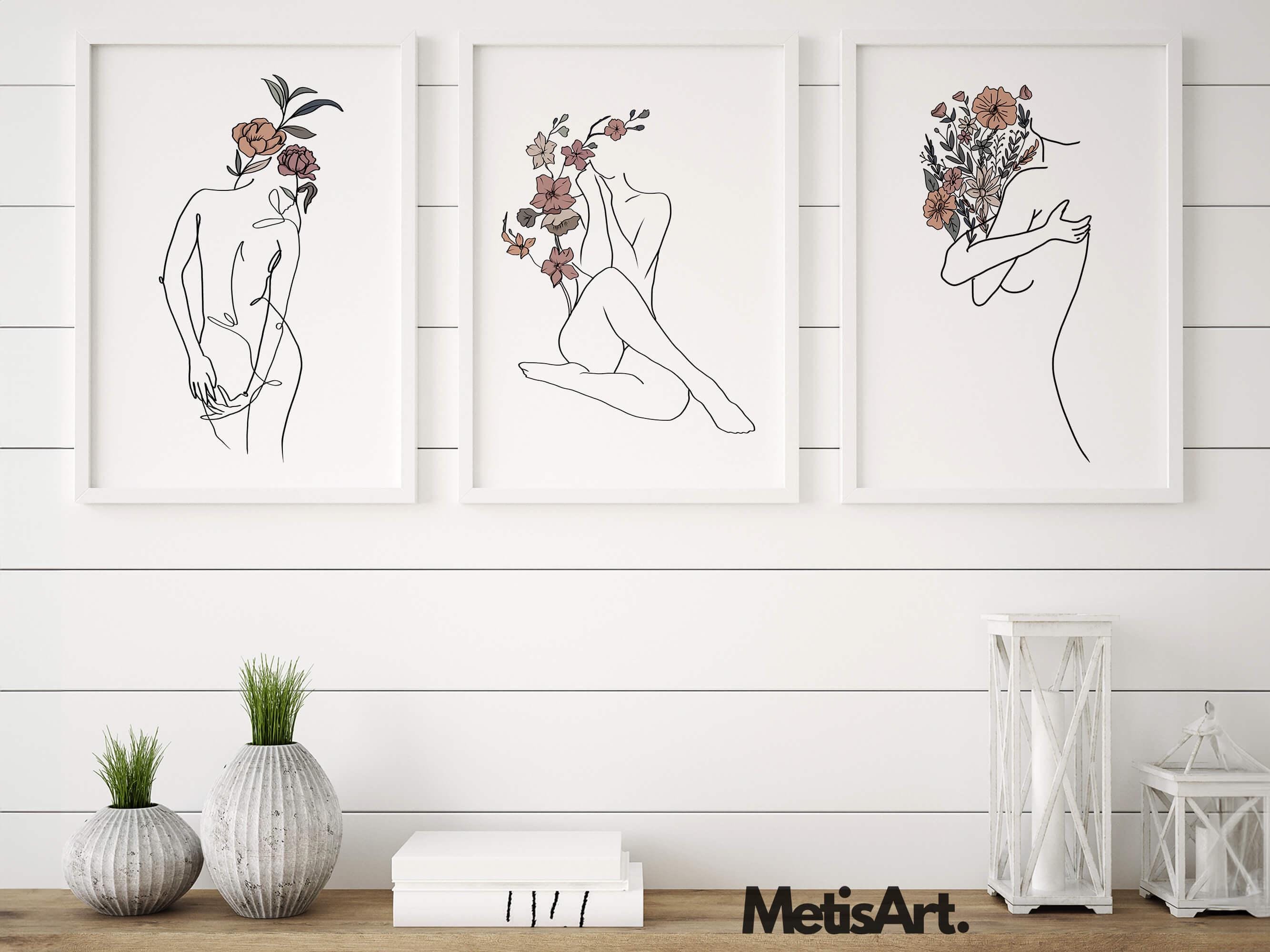 Flower Woman Line Art Print Set: Minimalist Body Positive Wall Decor - Etsy