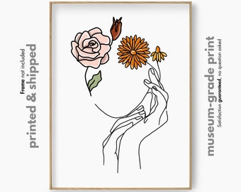 Flower Woman Line Art Print, Floral Female Wall Art, Woman Face Painting, Abstract Female Poster, Female Figure Art Print, Printed Shipped