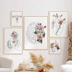 Floral Anatomy Gallery Wall Set, Colorful Human Body Line Art, Set of 5 Prints, Doctor Office Print Set, Therapy Office Print, Healing Art