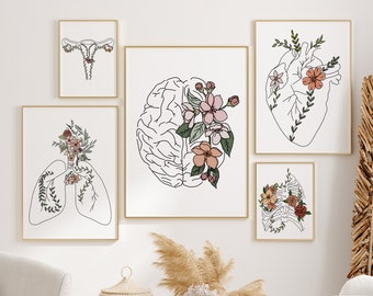 Floral Anatomy Gallery Wall Set, Colorful Human Body Line Art, Set of 5 Prints, Doctor Office Print Set, Therapy Office Print, Healing Art