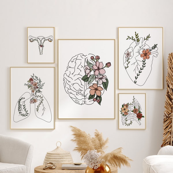 Floral Anatomy Gallery Wall Set, Colorful Human Body Line Art, Set of 5 Prints, Doctor Office Print Set, Therapy Office Print, Healing Art