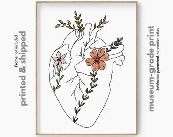 Floral Heart Line Art Print, Anatomy Wall Art, Human Heart Poster, Medical Art Print, Anatomical Art, Medical Student Gift, Gift for Doctor