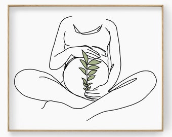 Pregnant Woman Line Art, Pregnancy Wall Art, Birth Announcement, Gift for Pregnant, Woman Body Poster, Motherhood Print, Mom To Be Wall Art