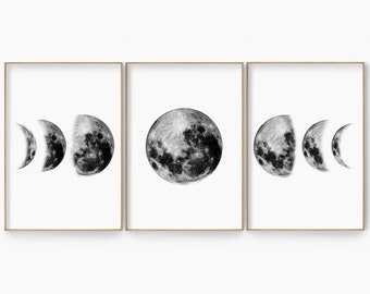Moon phases wall art, Moon Phases Printable, Moon Phase Set of 3 Prints, Black and White Moon Poster, Celestial Art Poster, Astronomy Print
