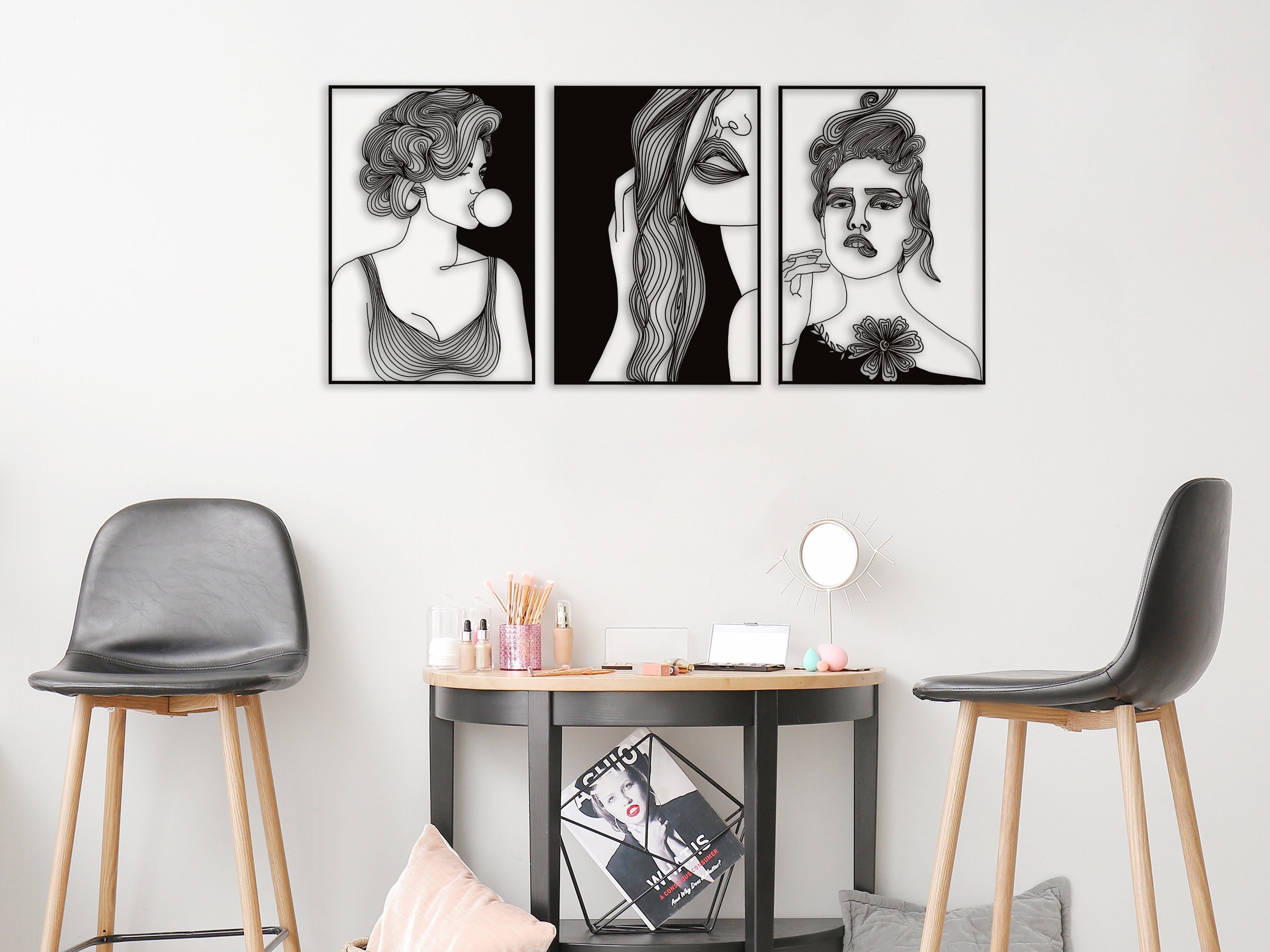 Feminine Line Art Metal Wall Decor, Woman Faces Set of 3 - Etsy UK