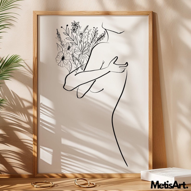 Floral Woman Line Art Print: Minimalist Female Figure (digital Download ...
