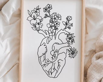 Floral Human Heart Drawing - Botanical Anatomy Print - Fine Line Medical Art