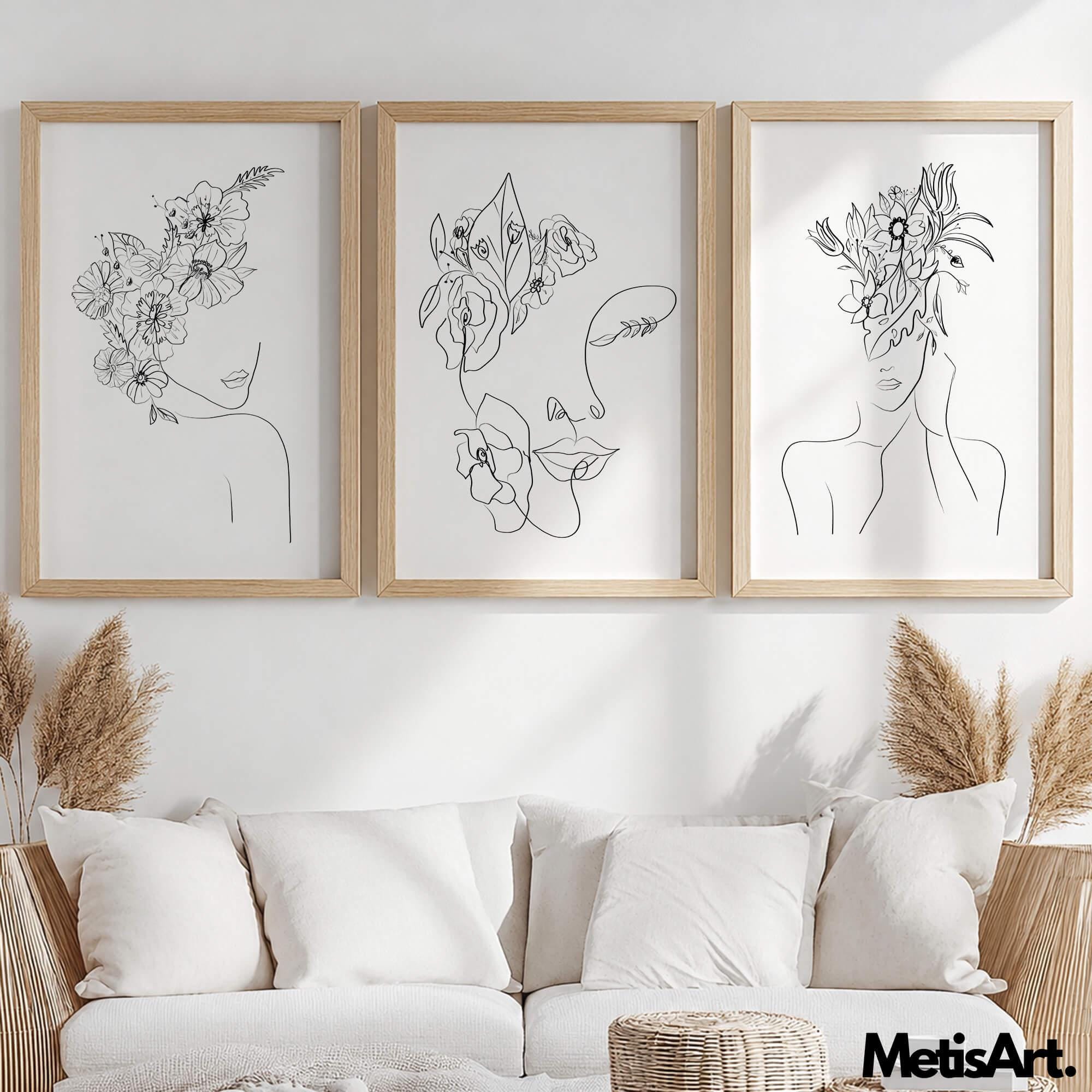 Minimalist Flower Woman Print Set - Floral Face Line Art Poster - Etsy