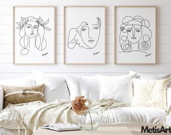 ピカソ風女性の顔の線画アートプリント：抽象スケッチ（デジタル