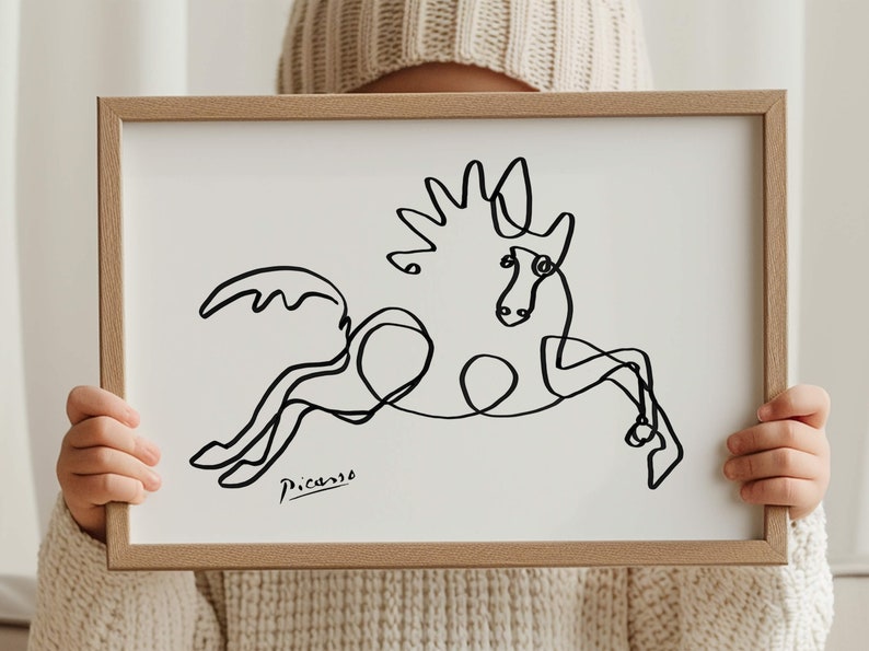 Modern equestrian wall art: Picasso’s interpretation of a jumping horse in expressive, tangled black lines.