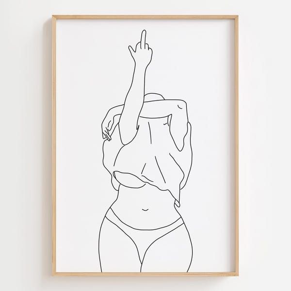 Middle Finger Feminist Art Print: Curvy Woman Line Art (Digital Download)