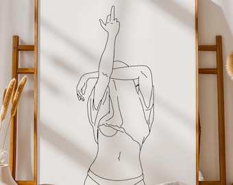 Mittelfinger Frau Linie Kunstdruck - Schwarze und weiße feministische Wanddekoration