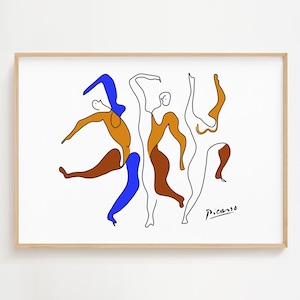 Impression d'art danseuse Picasso, dessin au trait Picasso coloré, affiche de la galerie Picasso, art mural exposition Picasso, dessin au trait abstrait Picasso