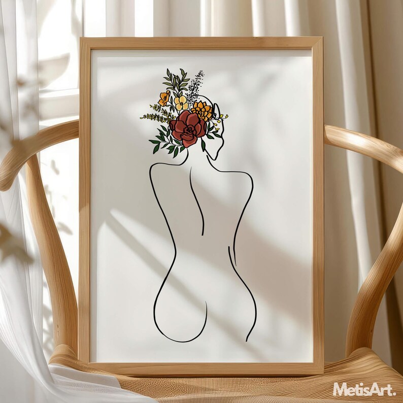 May include: A framed wall art print featuring a black line drawing of a human back silhouette. The head area is adorned with a colorful floral arrangement in shades of red, orange, yellow, and green. The text MetisArt is in the bottom corner.