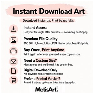 K&ouml;nnte beinhalten: Werbung f&uuml;r digitale Kunst zum Sofort-Download, mit dem Text "Instant Download Art" in einem rosa Banner. Das Bild zeigt sofortigen Zugriff, Premium-Dateiqualit&auml;t und Optionen f&uuml;r benutzerdefinierte Gr&ouml;&szlig;en. Das MetisArt-Logo befindet sich unten.