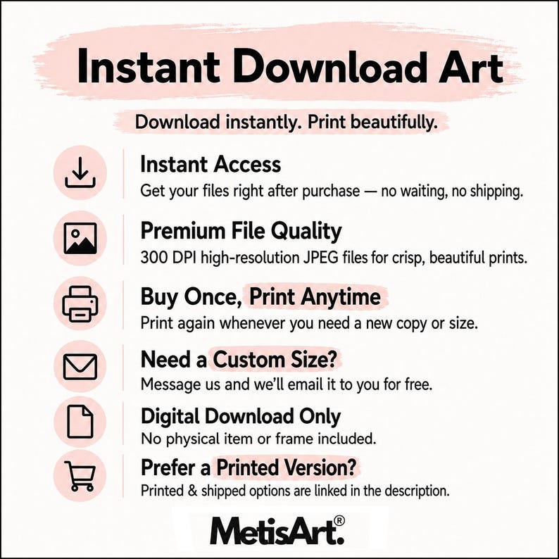 K&ouml;nnte beinhalten: Werbung f&uuml;r digitale Kunst zum Sofort-Download, mit dem Text "Instant Download Art" in einem rosa Banner. Das Bild zeigt sofortigen Zugriff, Premium-Dateiqualit&auml;t und Optionen f&uuml;r benutzerdefinierte Gr&ouml;&szlig;en. Das MetisArt-Logo befindet sich unten.
