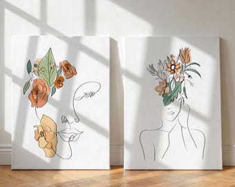 Flower Woman Line Art Prints - Minimalist Botanical Wall Decor for Bedroom