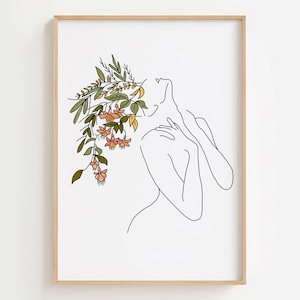 Kopf der Blumen Kunst, Blumenkopf Poster, Frau Körper Line Art, Line Zeichnung Frau Druck, Weibliche Line Art, Wand Kunst Skizze Frau, Illustration