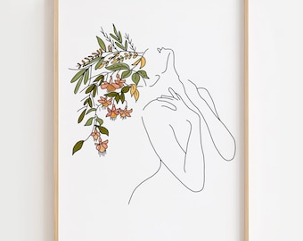 Head of Flowers Art, Flower Head Poster, Woman Body Line Art, Line Drawing Woman Print, Female Line Art, Wall Art Sketch Woman, Illustration