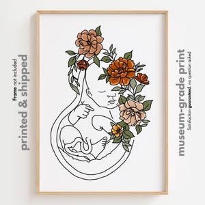 Floral Pregnancy Art Print, Midwife Gift, Obstetrician Gynecology Poster, Pregnant Woman Art, Flower Uterus Line Art, Gynecologist Gift
