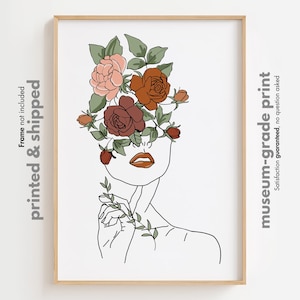 Impresión artística de cabeza de rosas, póster de mujer con flores en arte lineal, dibujo lineal de mujer, ilustración de mujer con rosas, cabeza de ramo de flores, arte de cabeza de flor