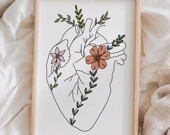 Floral Anatomical Art Print - Minimalist Human Heart Poster