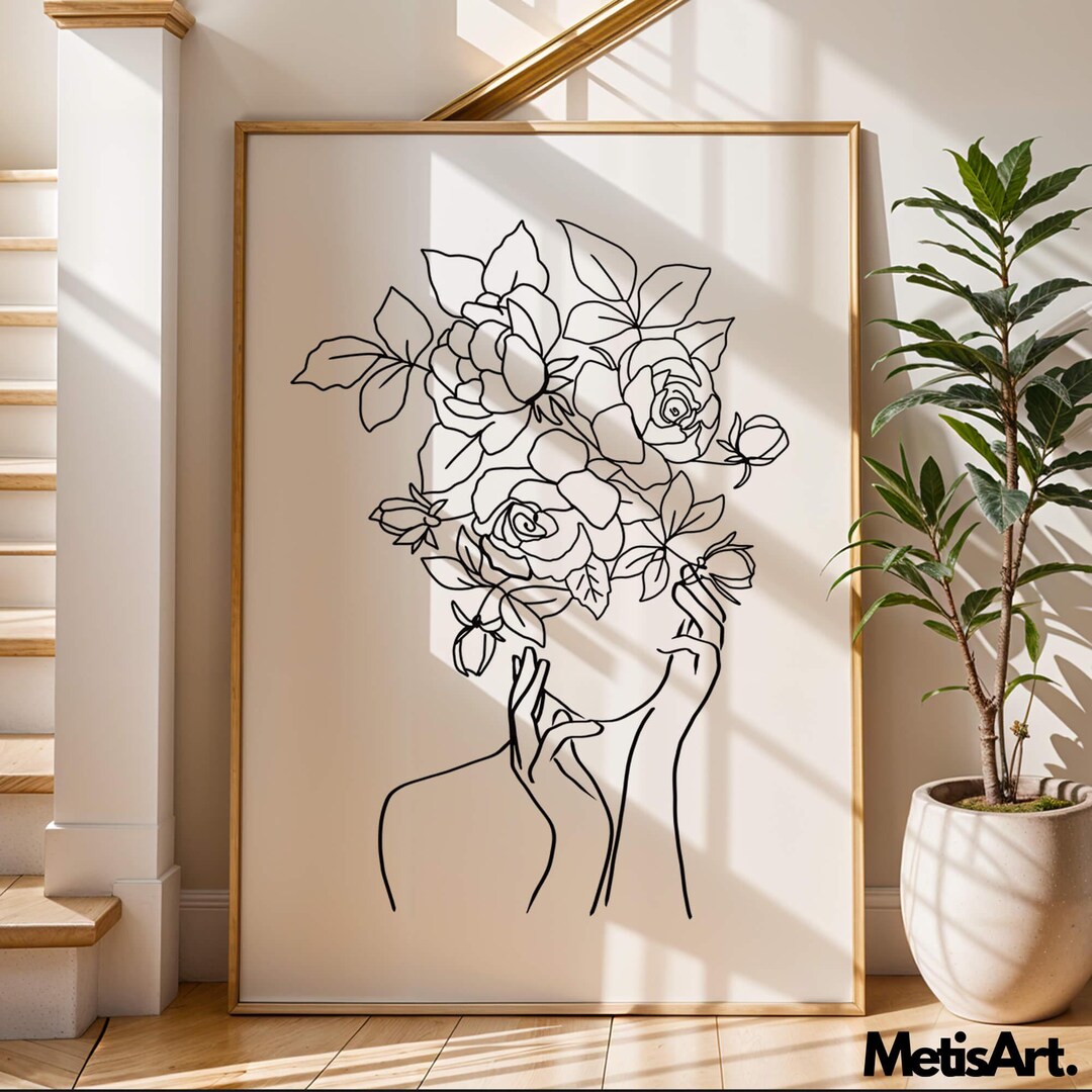 Thinking Flower Woman Line Art Print - Minimalist Introspective Floral ...
