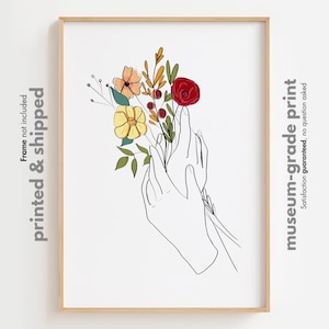 Hands Holding Flower Bouquet Line Art, Woman Flower Hands Art Print, Flower Hands Illustration, Hands Line Drawing, Colorful Hand Sketch