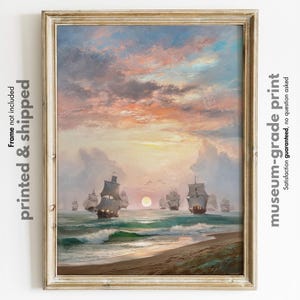 Vintage Tall Ship Sunset Art Print – Romantic Maritime Wall Decor – Nautical Ocean Painting – Historical Sailing Landscape Poster