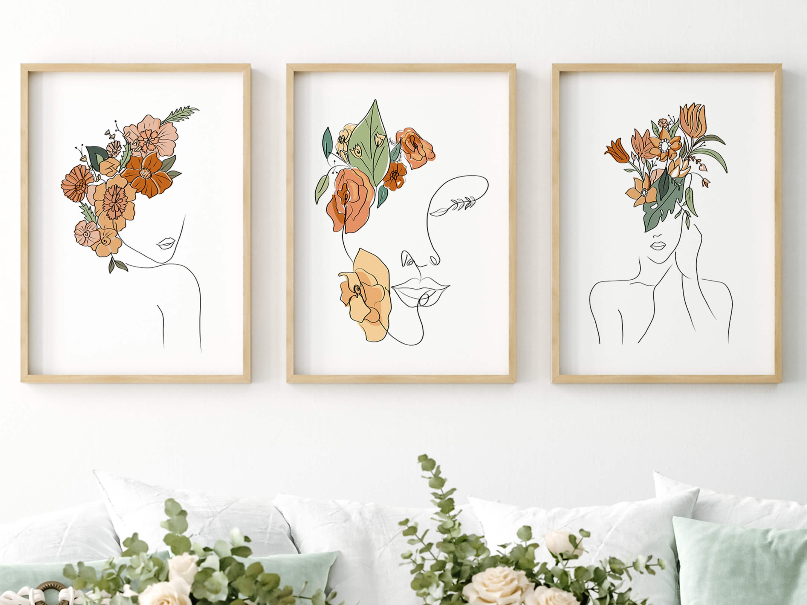 Boho Woman Line Art Print Set: Floral Female Portrait, Set of 3 - Etsy
