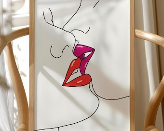 Lesbian Couple Art Print - Minimalist LGBTQ Kiss Line Poster