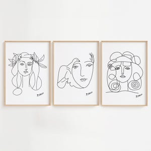 3er Set Picasso inspiriertes Frauengesicht, Picasso Poster, Linie Zeichnung Gesicht Kunst, abstraktes Gesicht, Linie Zeichnung Frau Skizze Kunst
