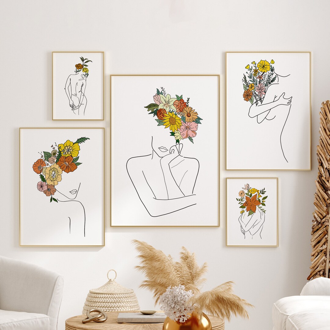 Boho Woman Line Art Set of 5 Prints, Female Wall Art Set, Abstract ...
