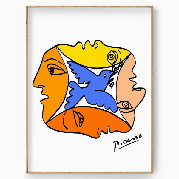 Colorful Picasso Art Print, Dove of Peace Poster, Woman Line Drawing, Famous Cubism Wall Decor, Gallery Artwork, Exhibition Wall Art