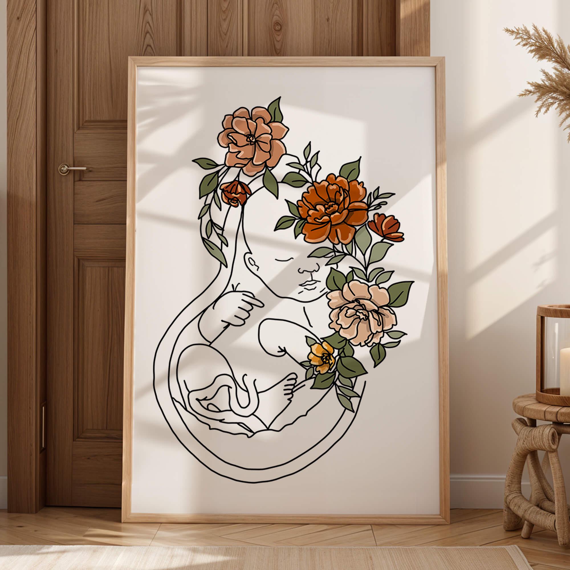 Floral Pregnancy Line Art - Minimalist Fetus in Uterus Print - Midwife ...