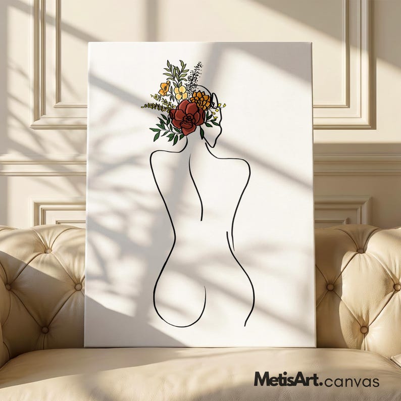 Floral Head Woman Back Line Art - Minimalist Female Figure Botanical Wall Decor image 5