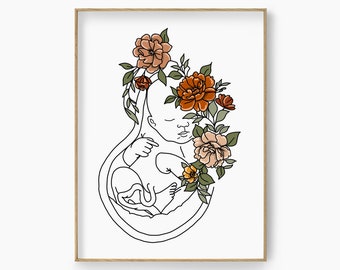 Floral Womb Art Print, Flower Fetus Anatomy Poster, Pregnancy Wall Art, Embryo Line Art, Obstetrician Graduation Gift, OBGYN, Doula Artwork