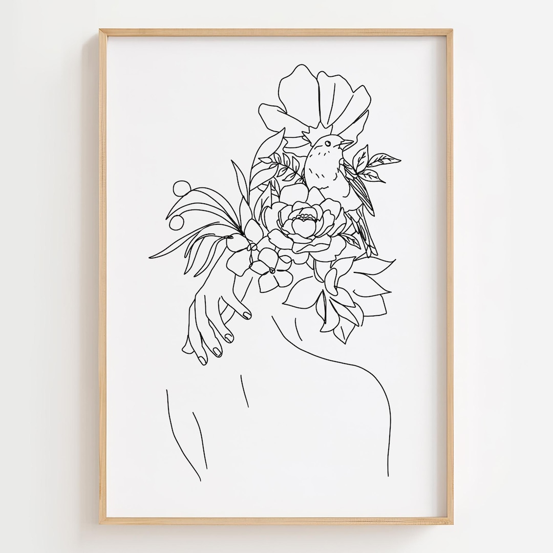 Floral Woman Line Art Print: Minimalist Female Figure (digital Download ...