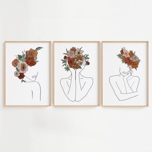 Blumenkopf Frau Linie Kunst, Schlafzimmer-Wand-Kunst-Dekor, moderne minimalistische weibliche Linie Zeichnung, Blumenkopf Frau Kunst, Plakat-Skizze 3er-Set