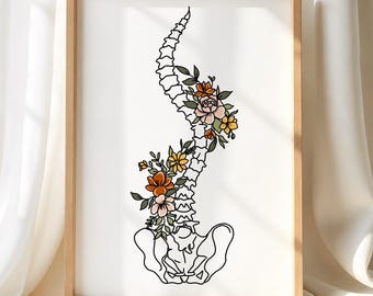 Lámina artística de anatomía de la columna vertebral con motivos florales - Decoración de pared para consultorio quiropráctico