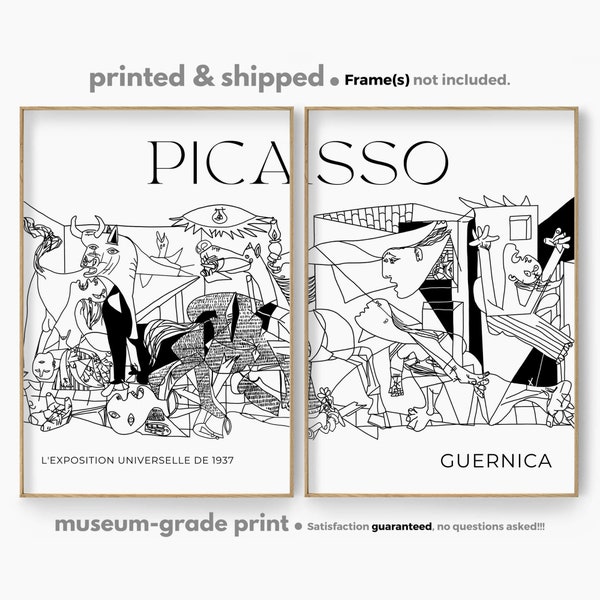 Picasso Guernica Line Art Print, Modern Guernica Wall Art, Famous Poster, Cubism Picasso Poster, Figurative Art, Black and White, Set of 2