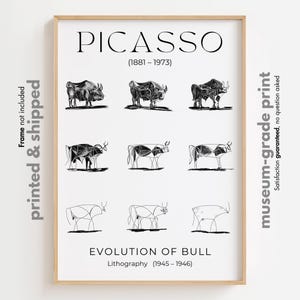 Schizzo di toro di Picasso, Evoluzione del disegno del toro, Decorazione per la cameretta dei bambini, Stampa famosa di Picasso, Poster del cubismo moderno, Schizzo di arte animale, Belle arti